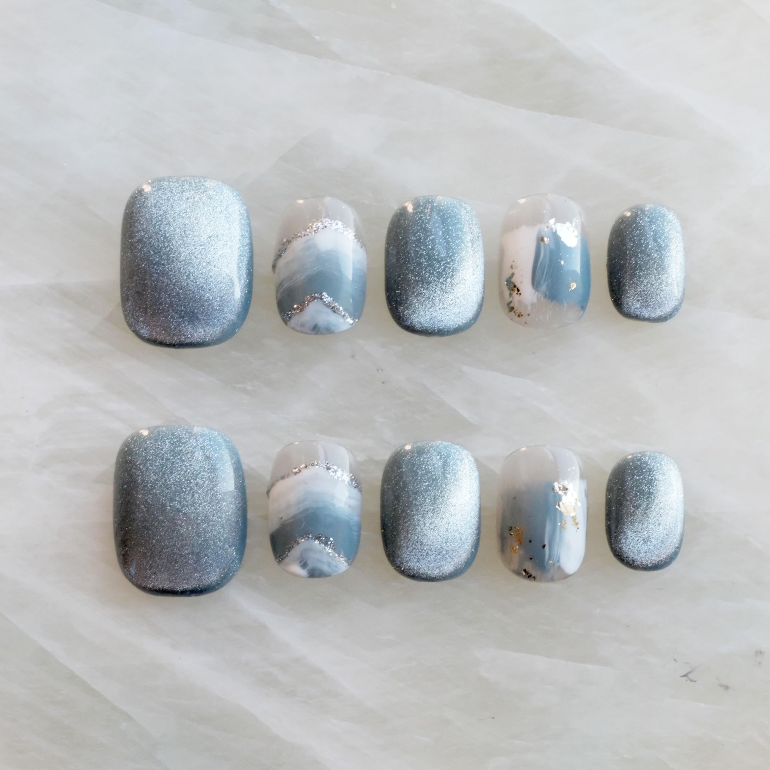 GLORS Purely Handmade Press On Nails - Blue White Glitter Snow Mountain, Short Square (SS) | 10 pcs