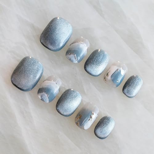 GLORS Purely Handmade Press On Nails - Blue White Glitter Snow Mountain, Short Square (SS) | 10 pcs