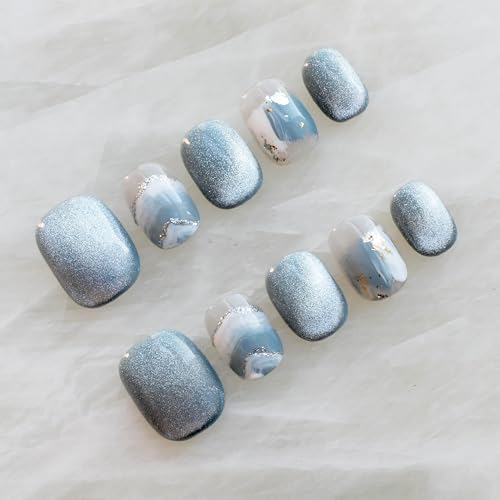 GLORS Purely Handmade Press On Nails - Blue White Glitter Snow Mountain, Short Square (SS) | 10 pcs