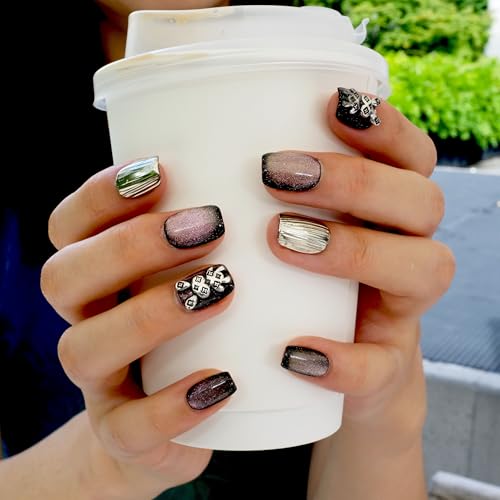 GLORS Purely Handmade Press On Nails - Purple Gold Bunny Cat-Eye (10 pcs)