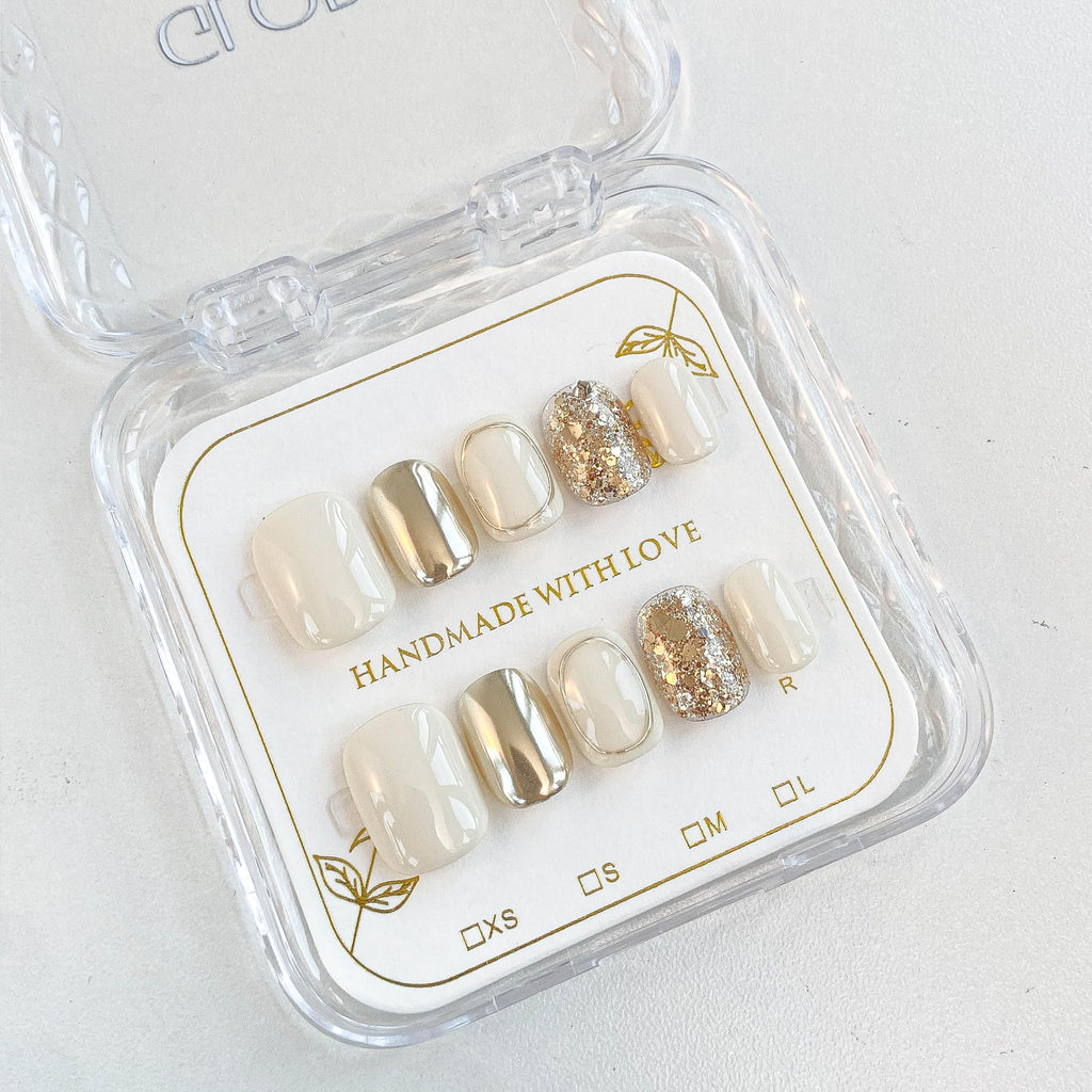 GLORS Purely Handmade Press On Nails | Beige Gold Glitter Short Square 10-Piece Set | Salon Quality