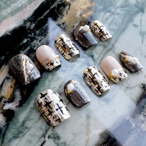 GLORS Purely Handmade Press On Nails | Short Square 10 Pieces SS | Gold & Pearl Salon-Quality Nail Art
