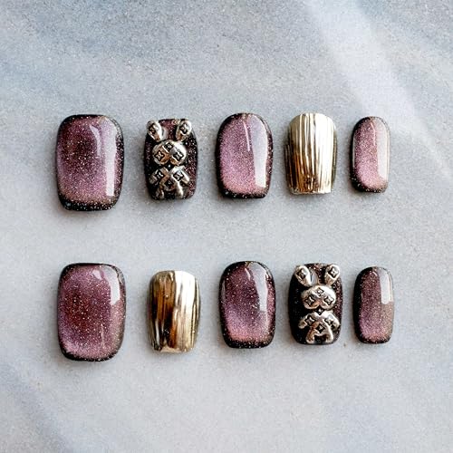 GLORS Purely Handmade Press On Nails - Purple Gold Bunny Cat-Eye (10 pcs)