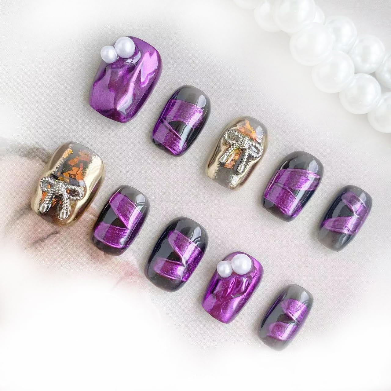 GLORS Purely Handmade Press On Nails | Purple Mirror Powder Short Square | 10-Piece Set (XS, SS)