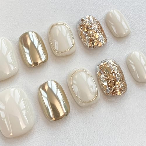 GLORS Purely Handmade Press On Nails | Beige Gold Glitter Short Square 10-Piece Set | Salon Quality