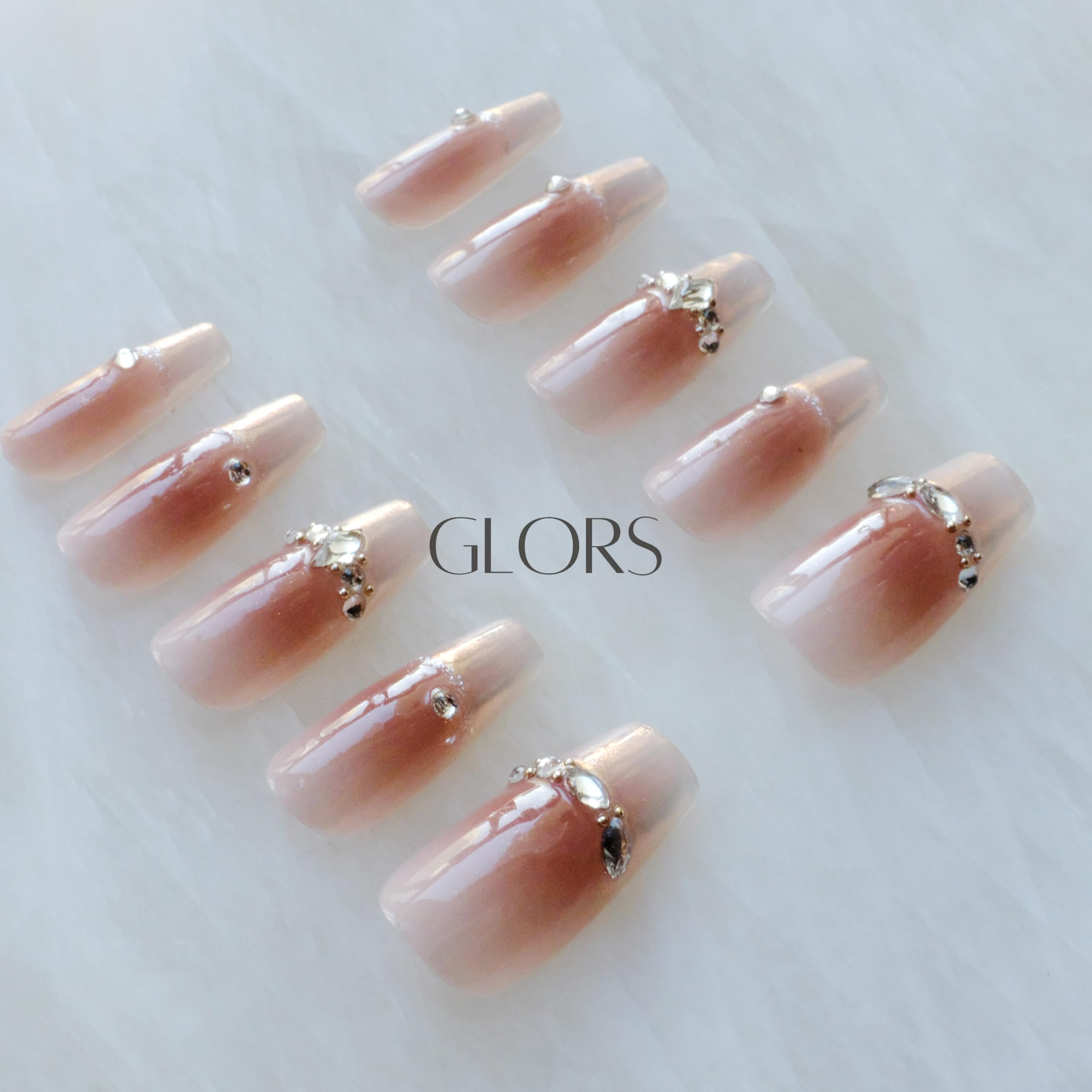 GLORS Long Ballerina Press-On Nails Pink French with Rhinestones | Coffin Shape