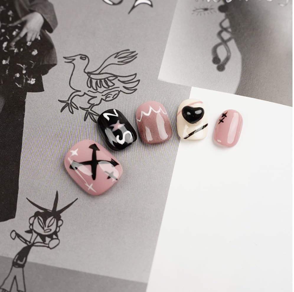 GLORS Doodle Graffiti Nail Stickers – Black & Pink for Short Square Nails (XS/SS)