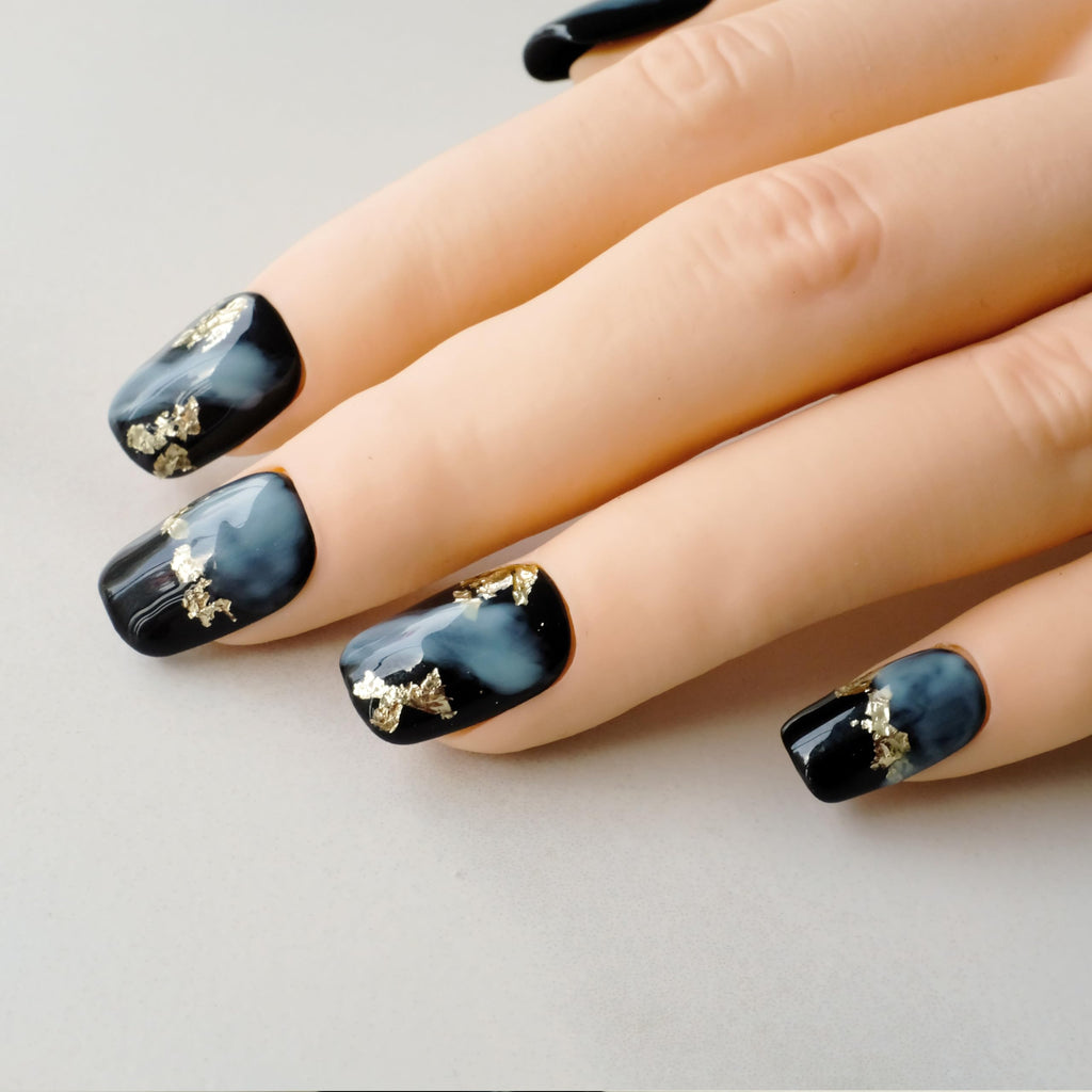 GLORS Short Square Press-On Nails – Black & Blue Marble with Gold Glitter (10 Pcs, Medium, SS)