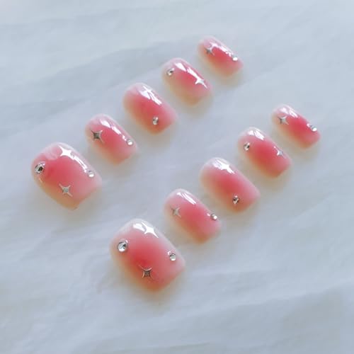 GLORS Short Square Press On Nails – Pink + Silver Stars, 10 Pcs | Salon Quality