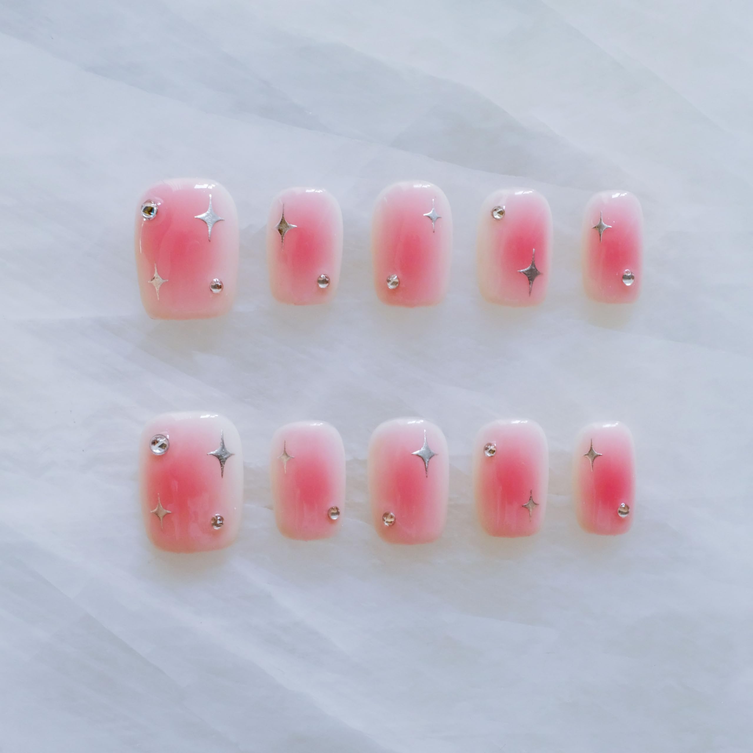 GLORS Short Square Press On Nails – Pink with Silver Stars | 10-Piece Salon-Quality Set (SS)