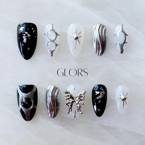 GLORS Gothic Long Almond Press-On Nails – Black & Silver with Butterfly Accent (10 Pieces)