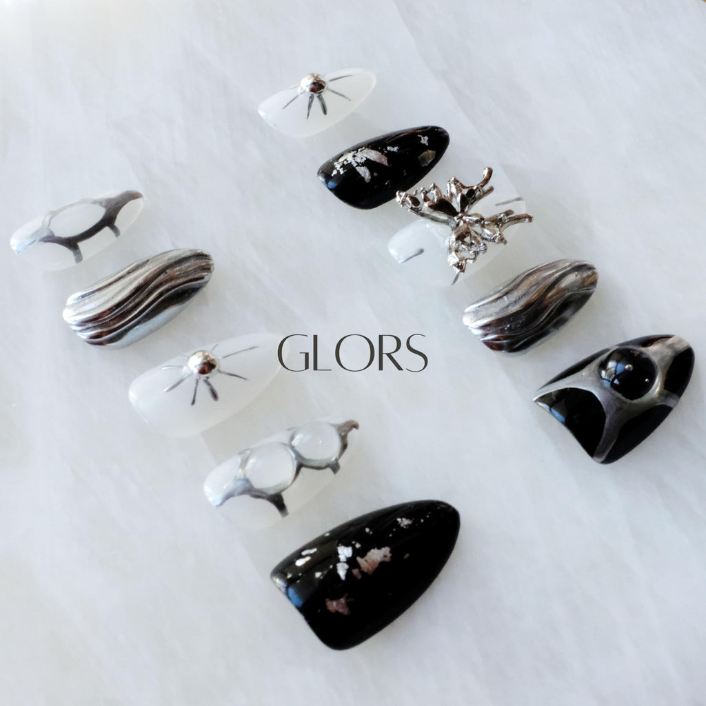 GLORS Gothic Long Almond Press-On Nails – Black & Silver with Butterfly Accent (10 Pieces)