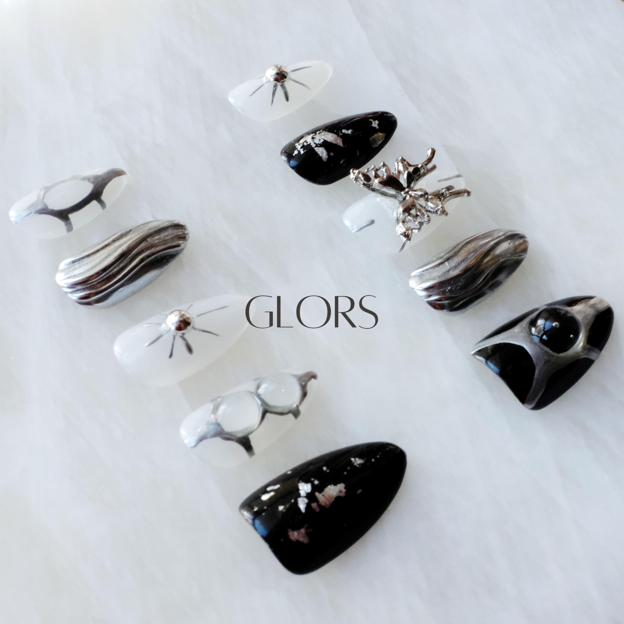 GLORS Gothic Long Almond Press-On Nails – Black & Silver with Butterfly Accent (10 Pieces)