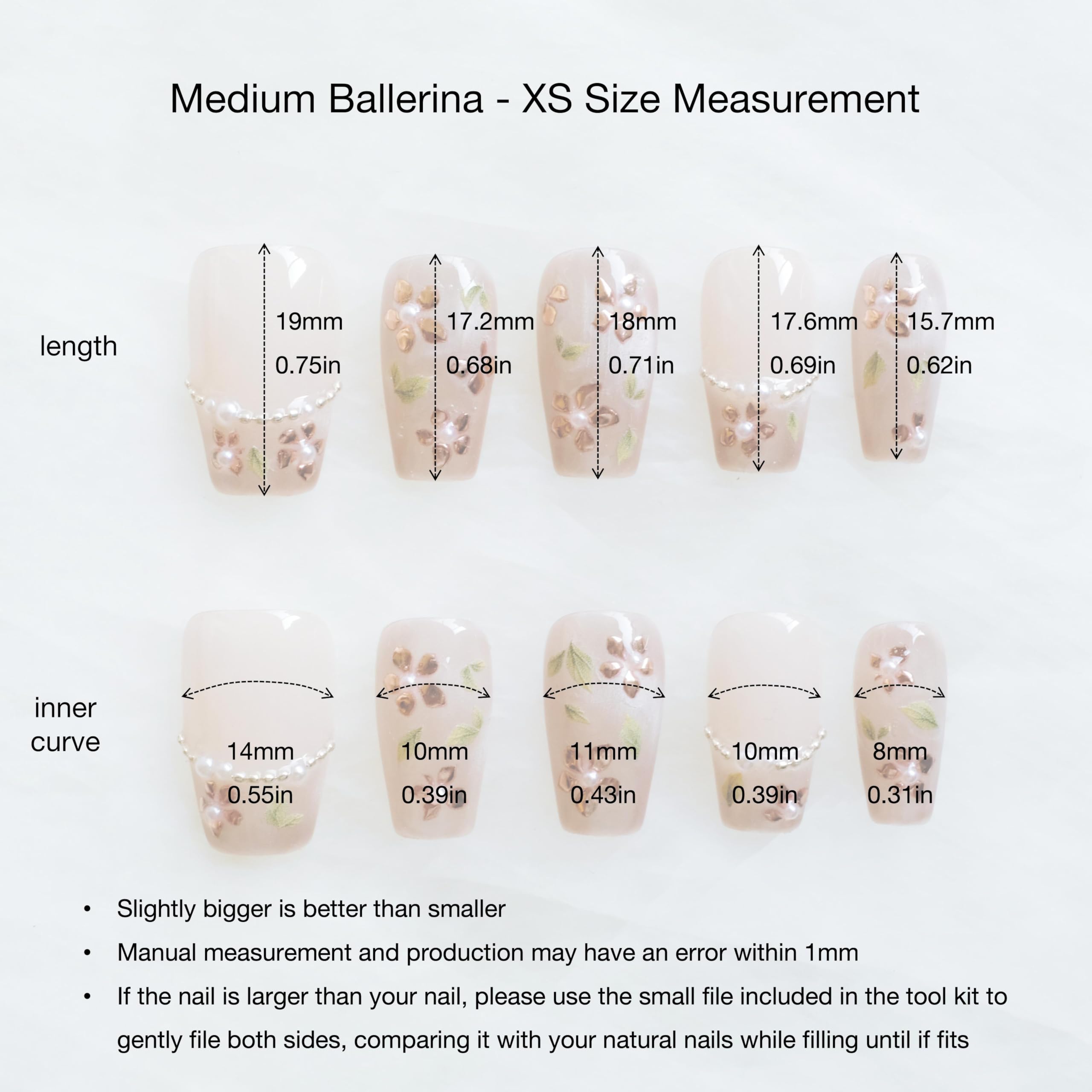 GLORS Medium Ballerina Press-On Nails – Nude Pink with Rose Gold Foil & Pearl Accents (10 pc, XS–MB)