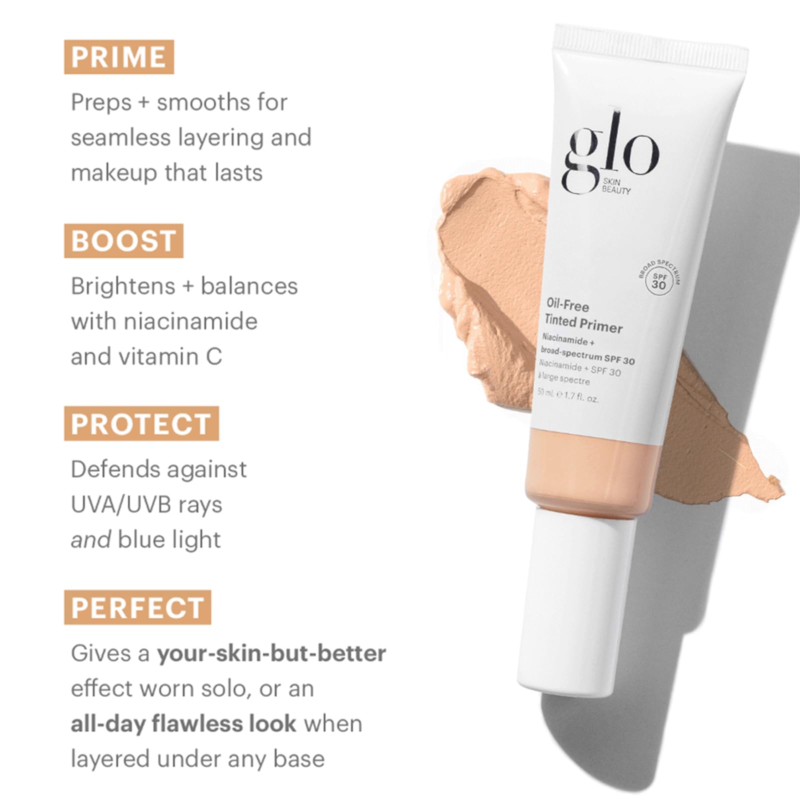 Glo Skin Beauty Oil-Free Tinted Primer SPF 30 (Light) – 4-in-1 Foundation Primer & Sun Protection