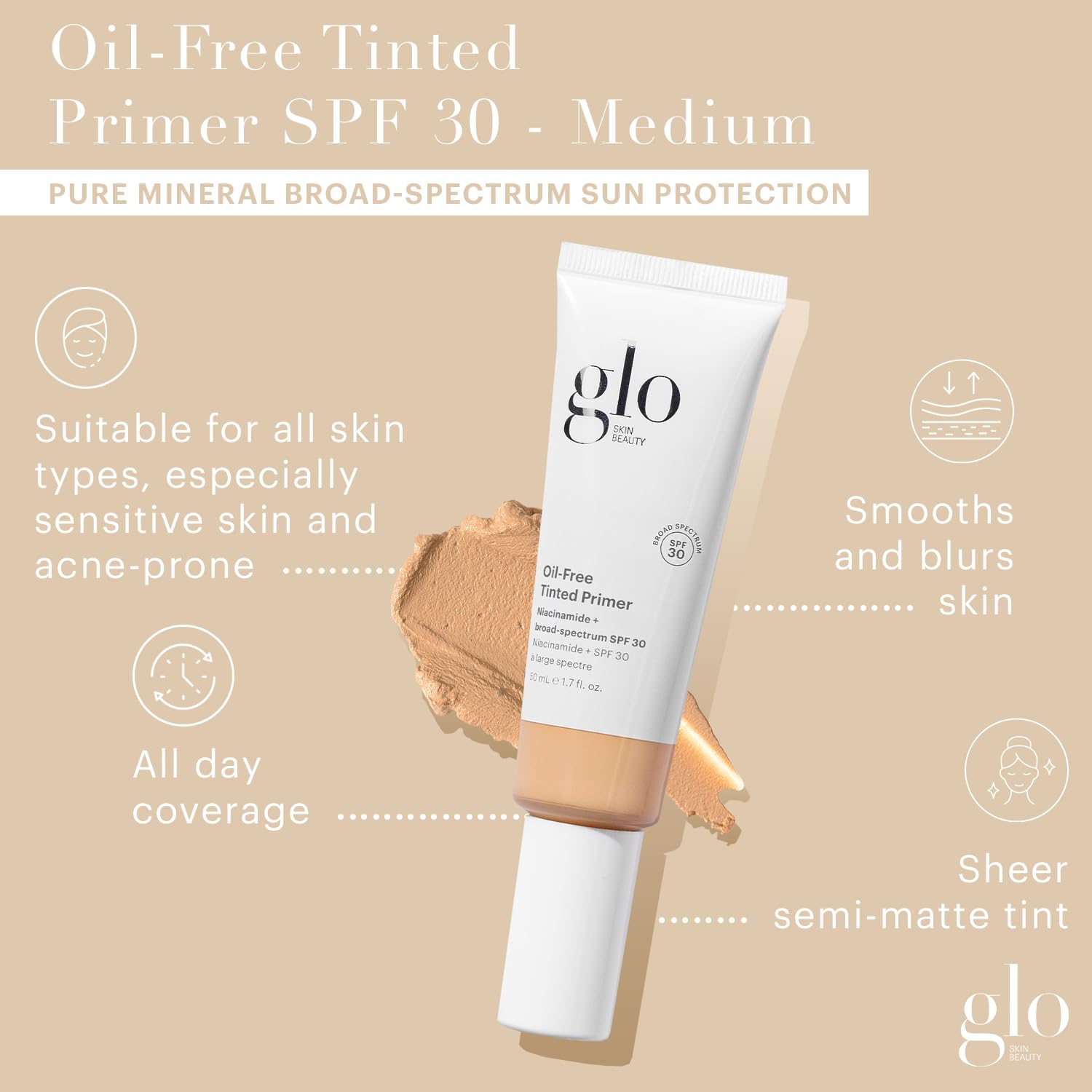 Glo Skin Beauty Oil-Free Tinted Primer SPF 30 – 4-in-1 Mineral Foundation Primer, Medium