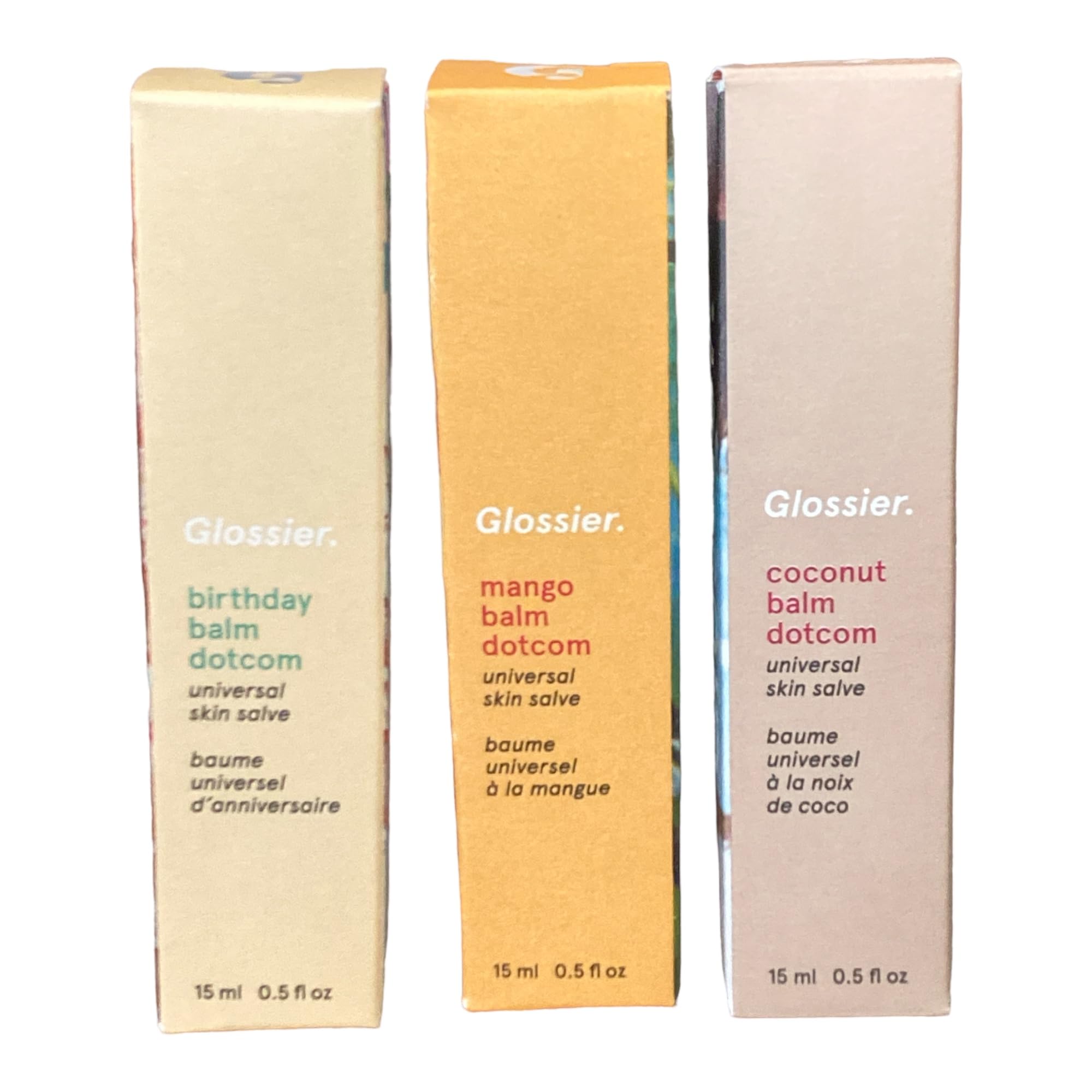 Glossier Balm Dotcom Trio: Mango, Birthday, Coconut Lip Balms (0.5 oz / 15 ml each)