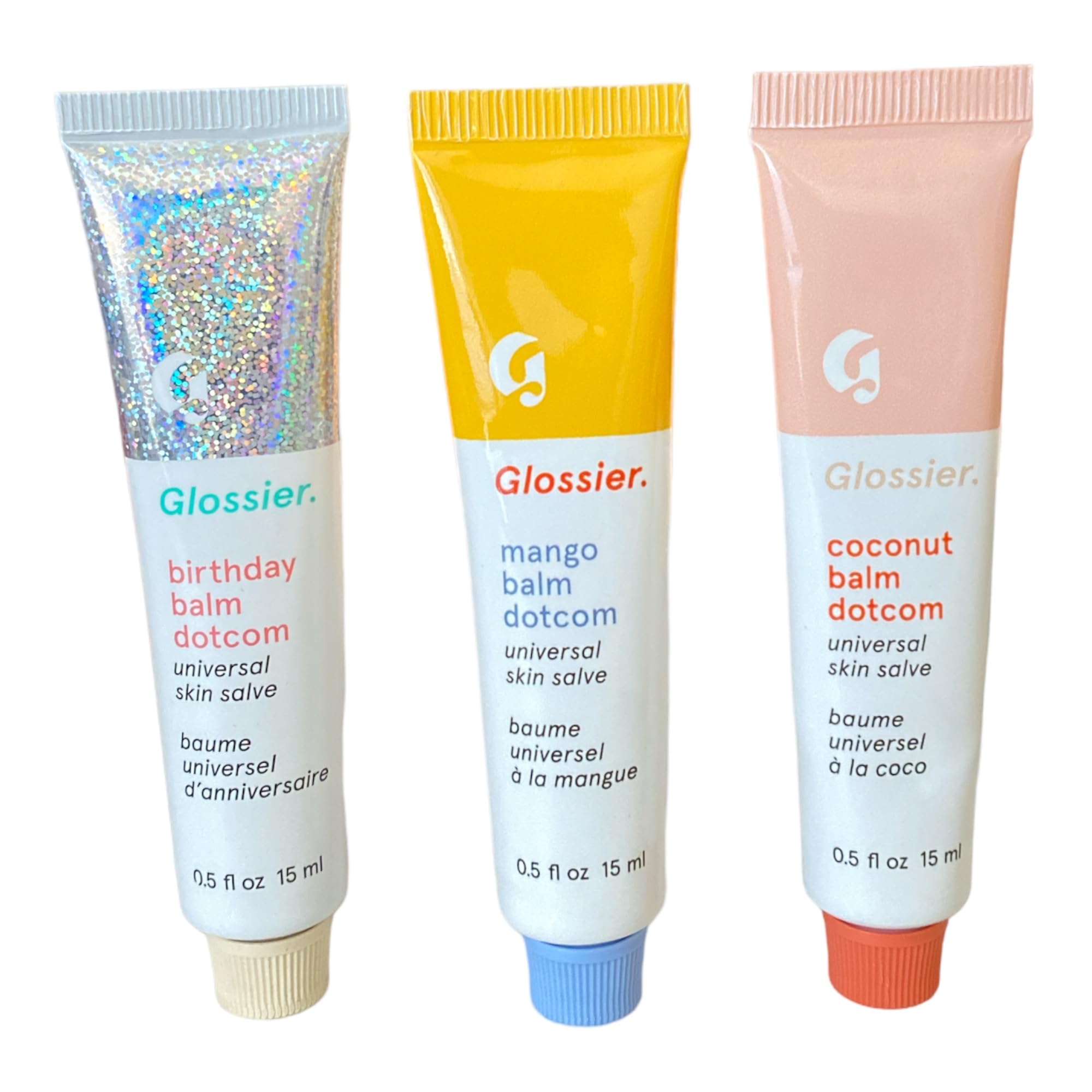 Glossier Balm Dotcom Trio: Mango, Birthday, Coconut Lip Balms (0.5 oz / 15 ml each)