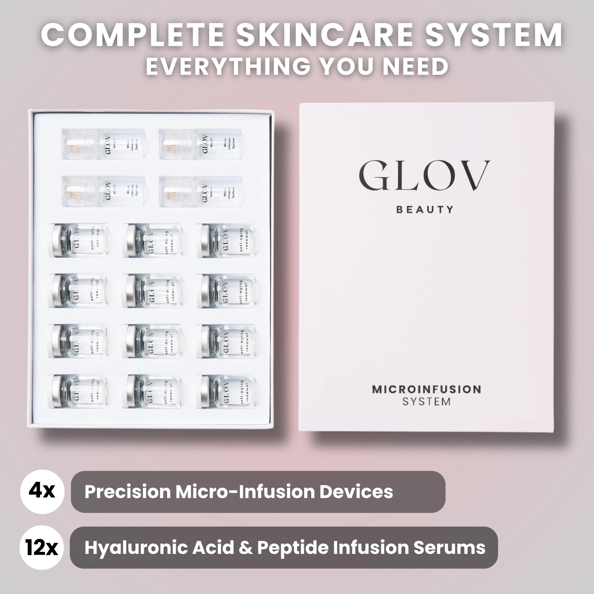 Glov Beauty Micro Infusion System – 0.25mm Gold Facial Stamp with Hyaluronic Serum (4 Infusions, 12 Ampoules)