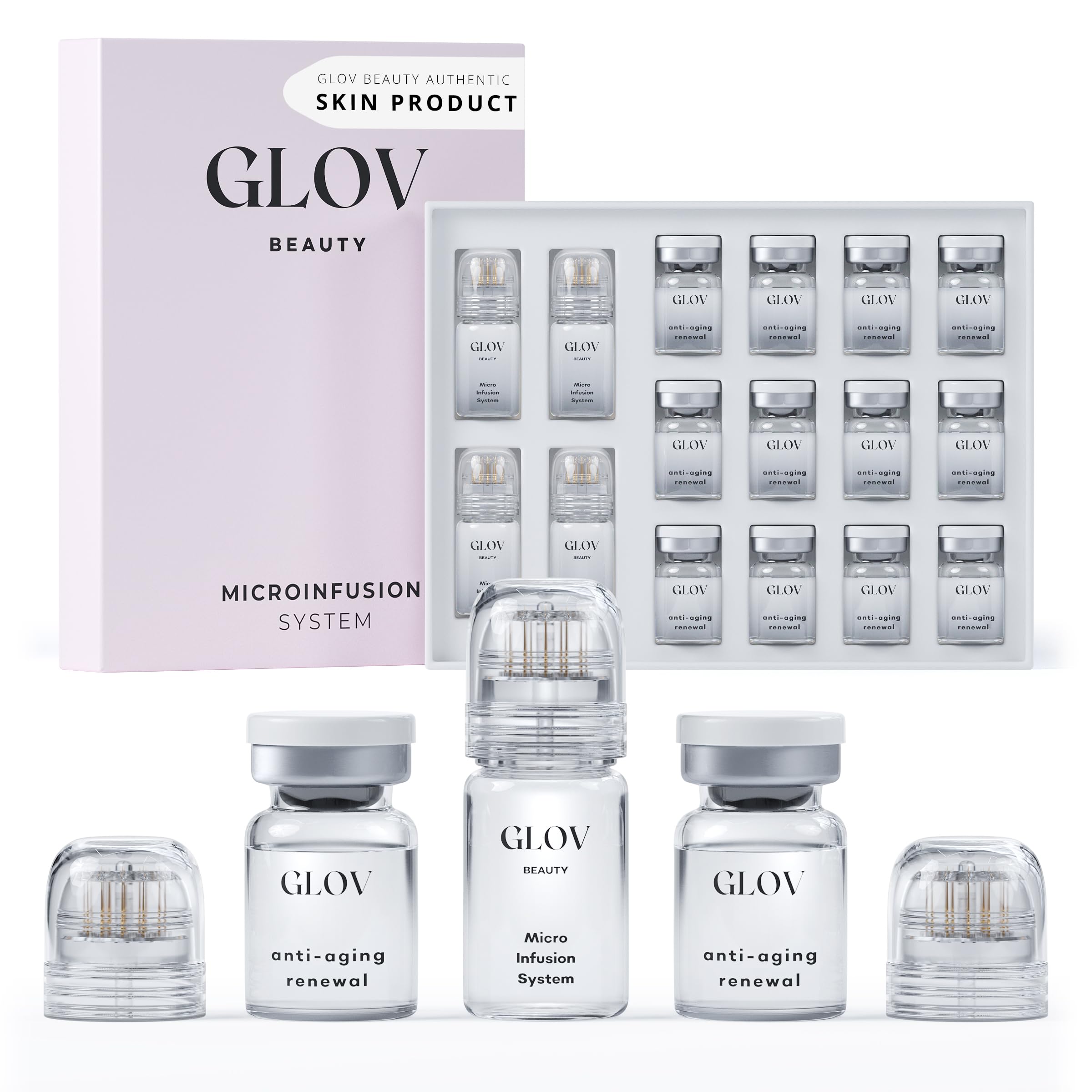 Glov Beauty Micro Infusion System – 0.25mm Gold Facial Stamp with Hyaluronic Serum (4 Infusions, 12 Ampoules)