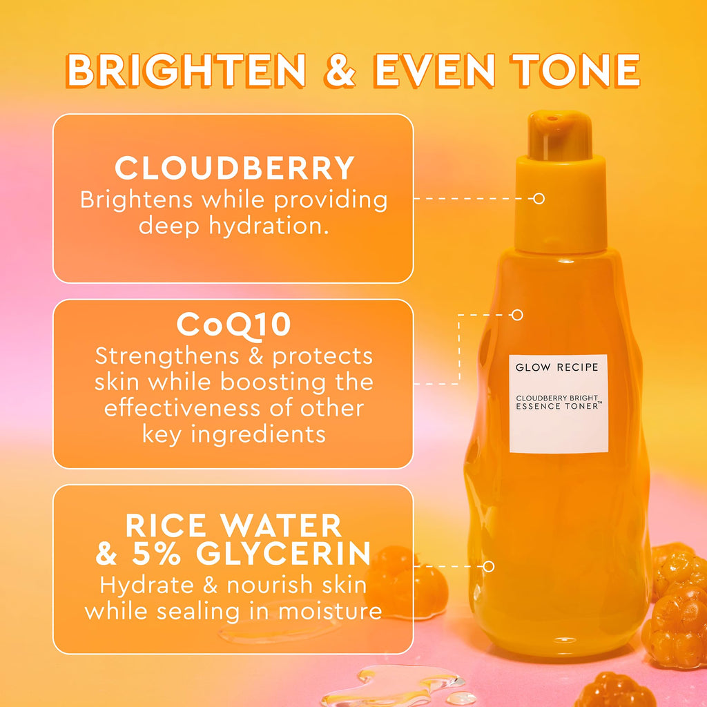 Glow Recipe Travel Size Cloudberry Brightening Toner + CoQ10 Essence (30 ml) – Hydration, Barrier Support, Rice Water + Vitamins C & E