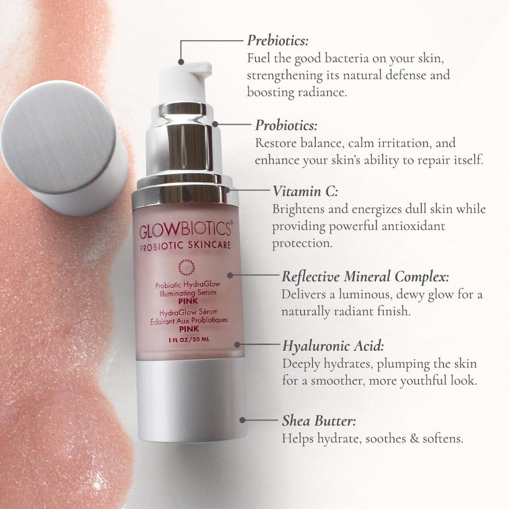 Glowbiotics Probiotic HydraGlow Illuminating Serum Pink – Hydration, Glow, Hyaluronic Acid & Probiotics, 1 Fl Oz