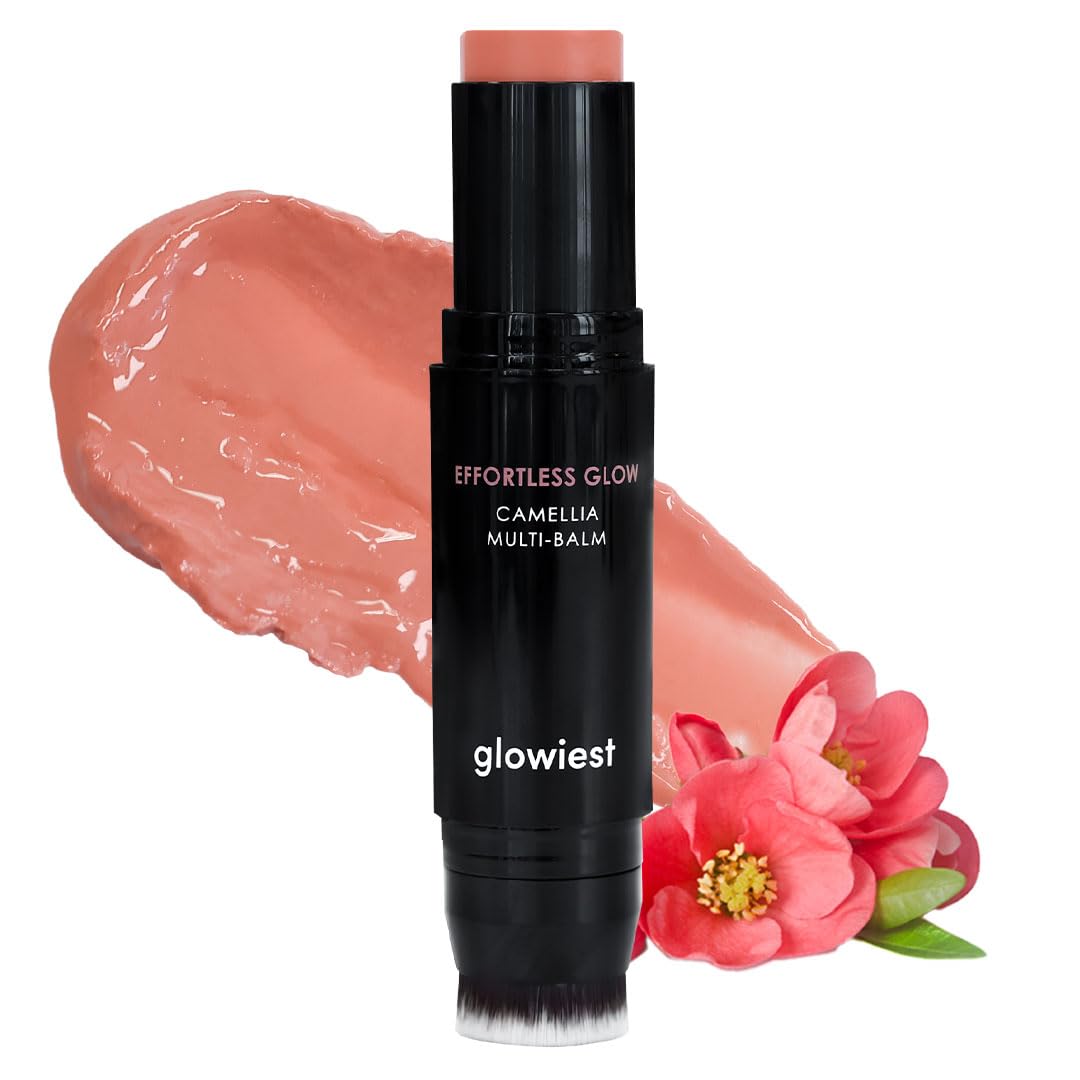 Glowiest Effortless Glow Camellia Multi-Balm – Lips & Cheeks, Brush Included, Dewy Finish (Dusty Rose)