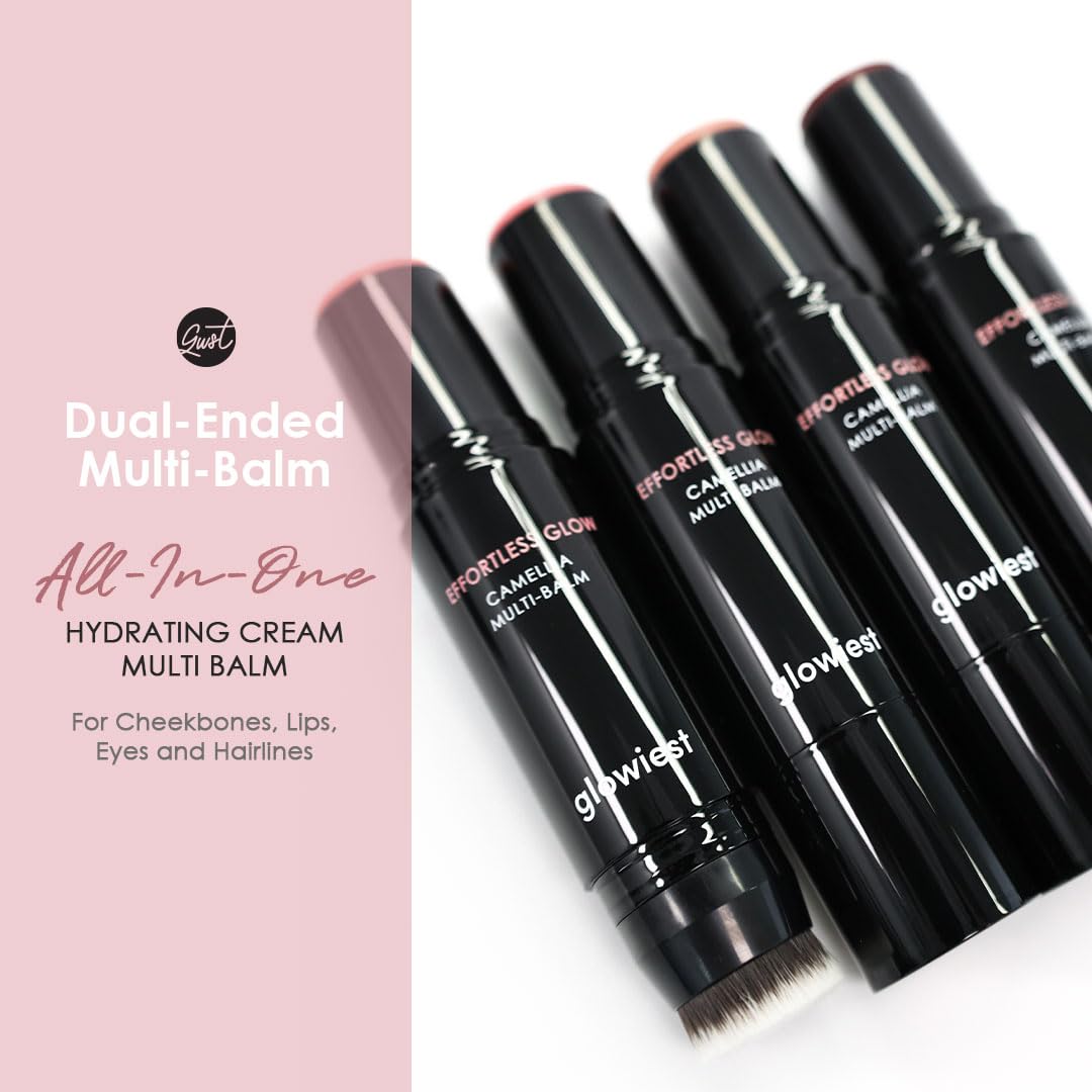 Glowiest Effortless Glow Camellia Multi-Balm – Lips & Cheeks, Brush Included, Dewy Finish (Dusty Rose)