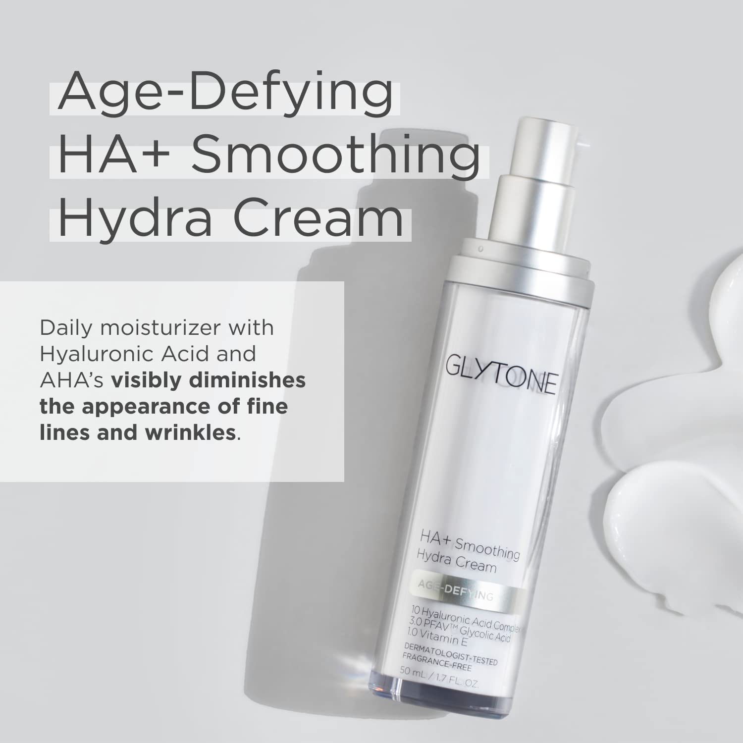 Glytone Age-Defying HA+ Smoothing Hydra Cream | 10 Hyaluronic Acids Complex, 3.0 PFAV Glycolic, 1.0 Vitamin E | 1.7 oz
