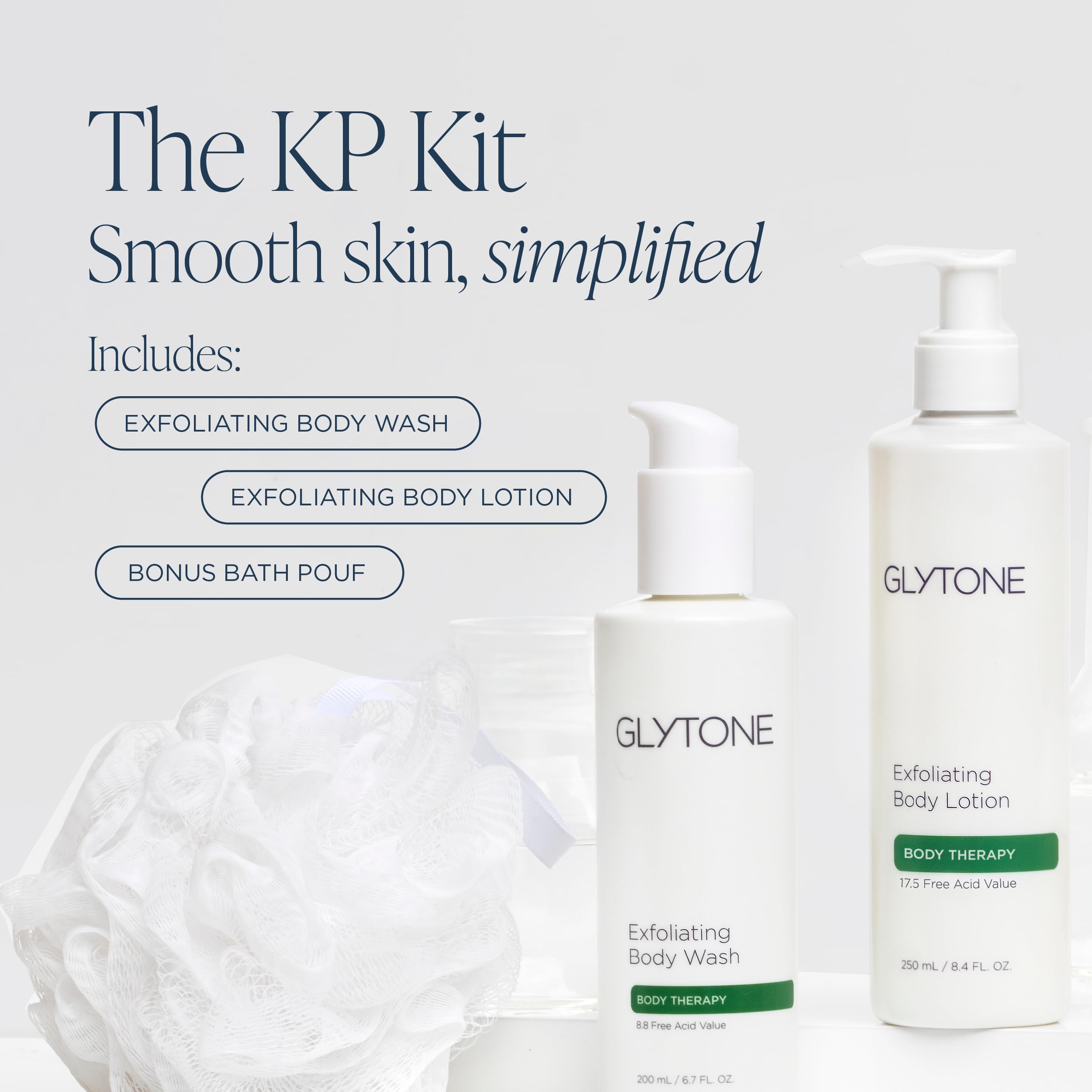 Glytone KP Kit – Exfoliating Body Wash, Glycolic Acid Lotion & Shower Pouf for Keratosis Pilaris