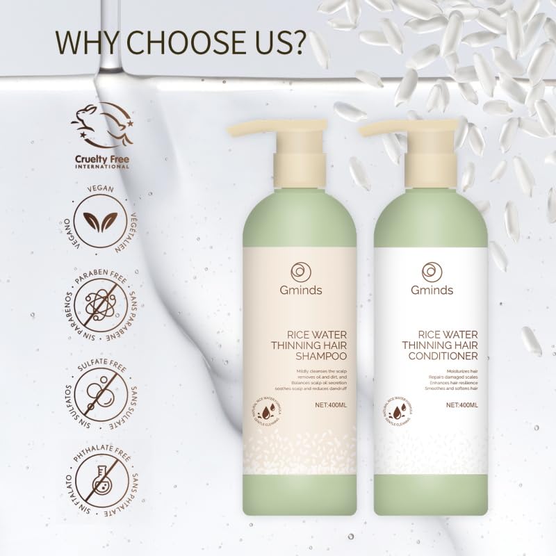 Gminds Rice Water Hair Growth Shampoo & Conditioner – 400ml Each | Biotin & Keratin | For Women & Men