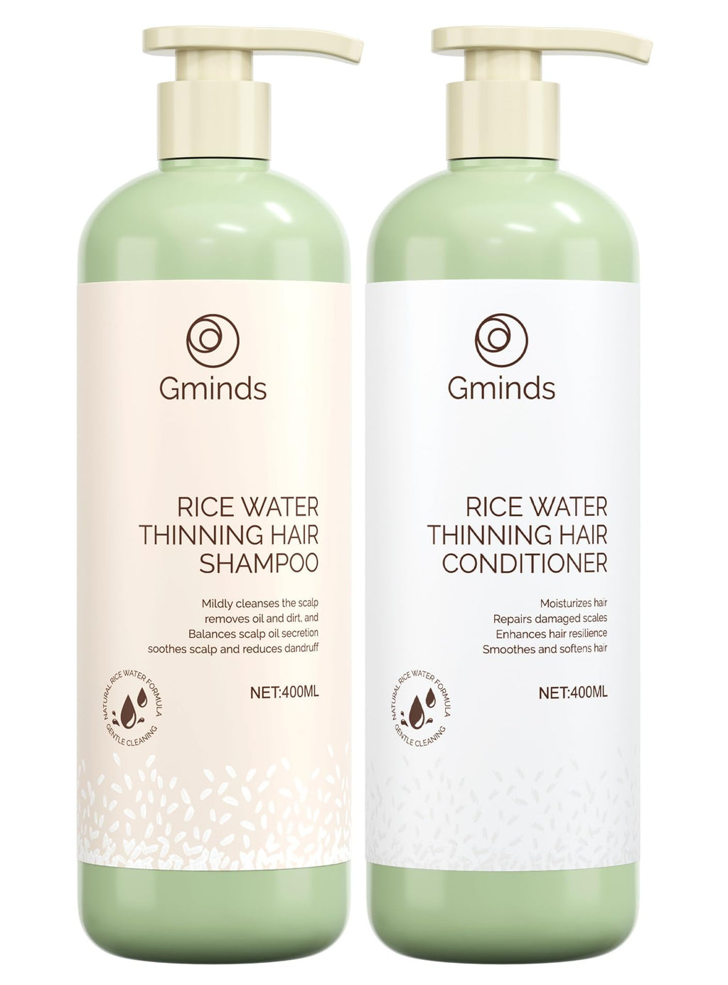Gminds Rice Water Hair Growth Shampoo & Conditioner – 400ml Each | Biotin & Keratin | For Women & Men