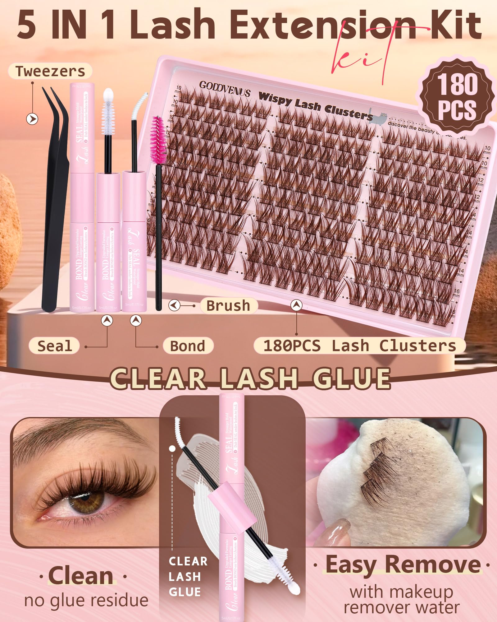 Goddvenus Brown Wispy Lash Clusters Kit – Natural Cluster Eyelashes, C Curl, DIY Extensions