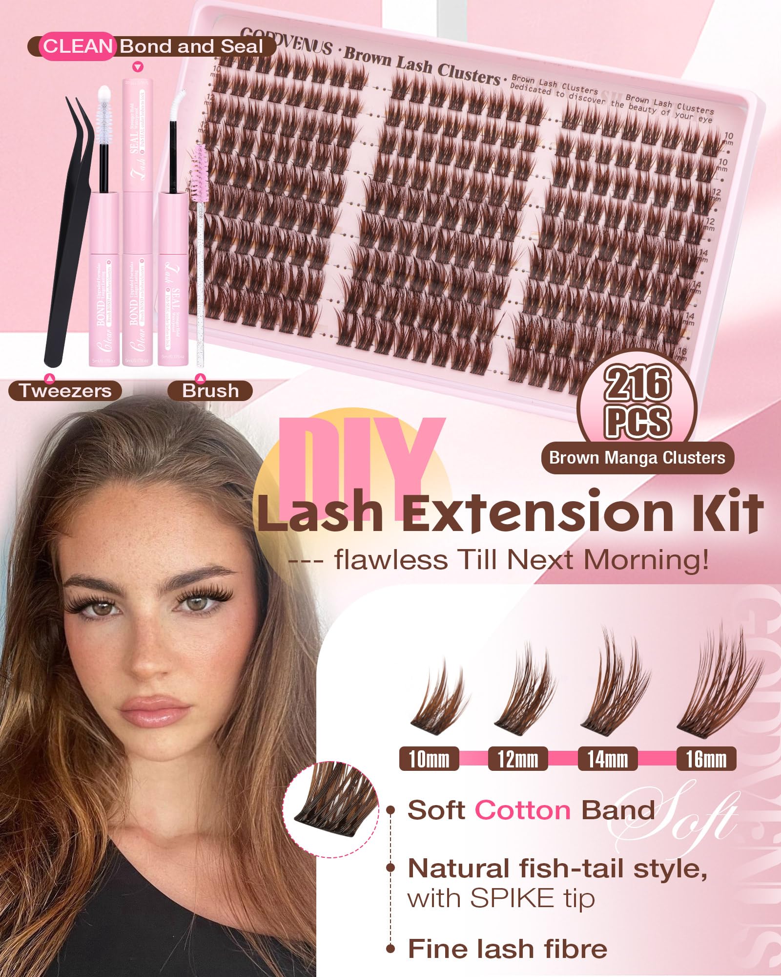 Goddvenus Brown Wispy Lash Clusters Kit – Manga Eyelashes, Natural Clusters, DIY Anime C Curl, Waterproof