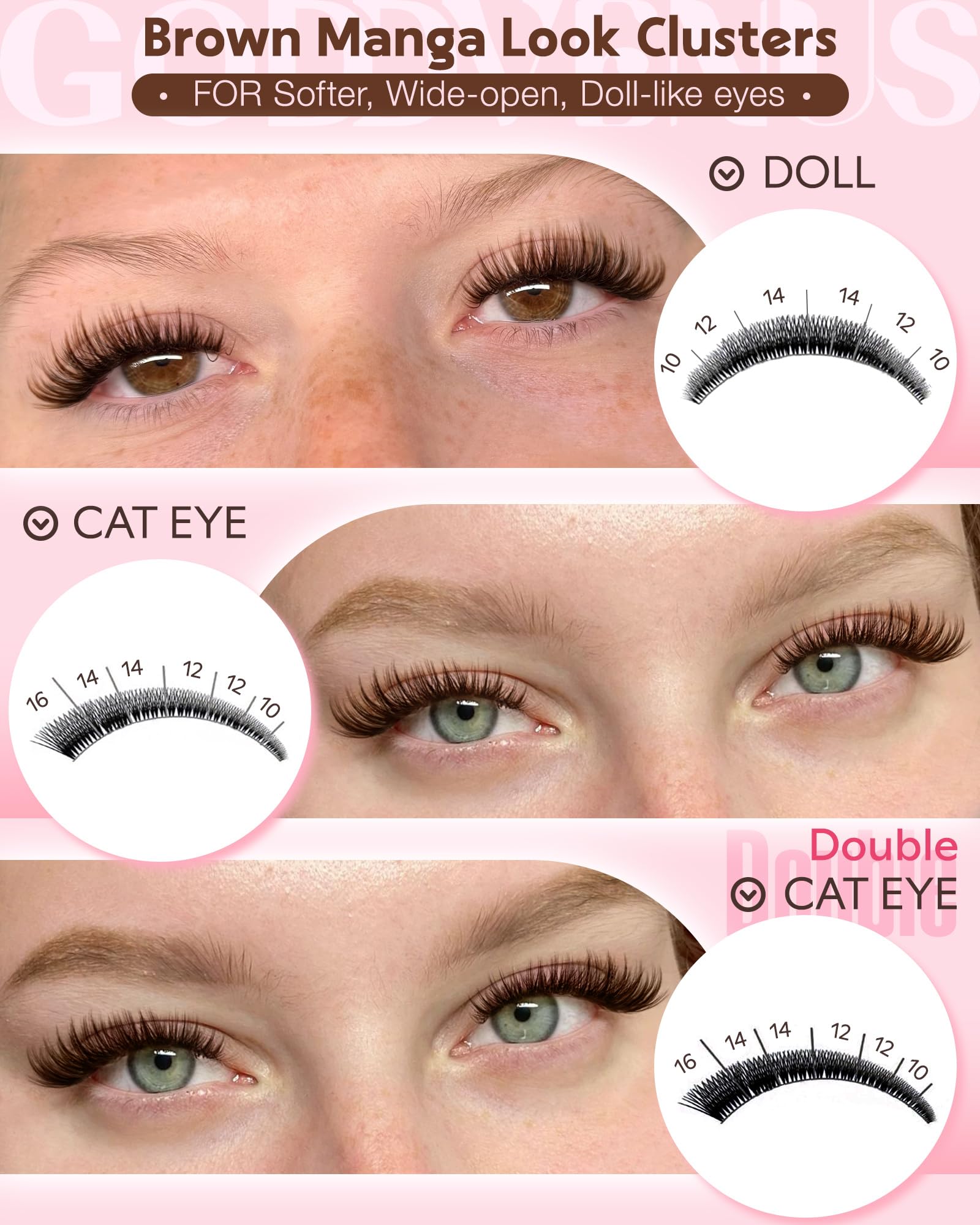 Goddvenus Brown Wispy Lash Clusters Kit – Manga Eyelashes, Natural Clusters, DIY Anime C Curl, Waterproof