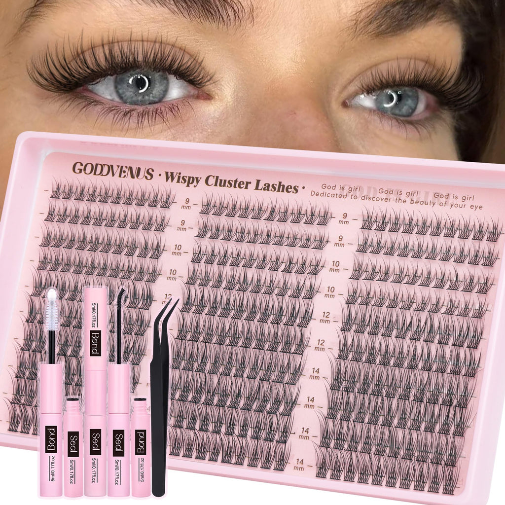 Goddvenus Lash Clusters Kit 9-14mm Wispy Lashes – DIY Natural Lash Extensions Kit with Tweezers (300pcs) | C Curl