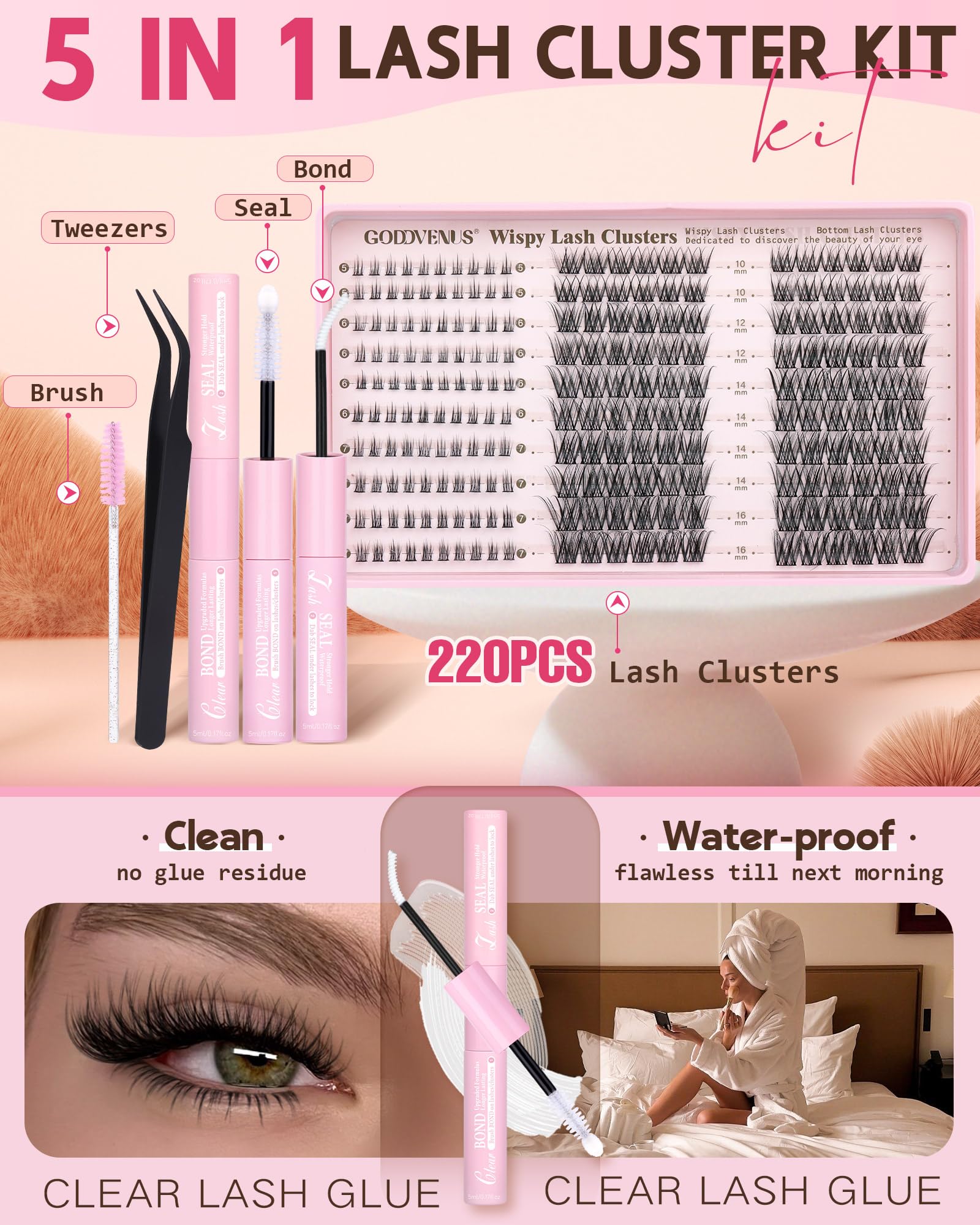 Goddvenus 220Pcs Wispy Lash Clusters Kit – DIY C-Curl Eyelash Extensions, All-In-One