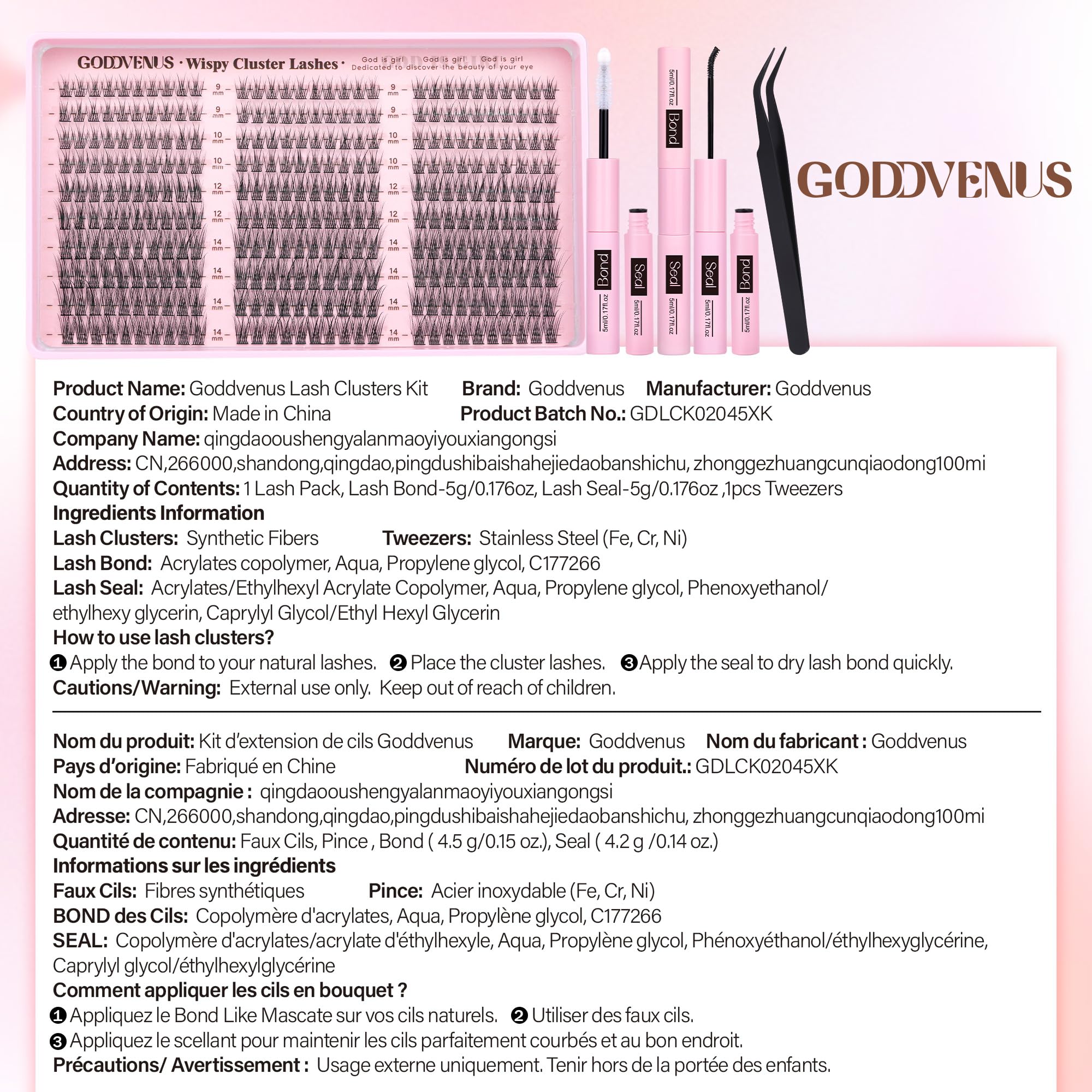 Goddvenus Lash Clusters Kit 9-14mm Wispy Lashes – DIY Natural Lash Extensions Kit with Tweezers (300pcs) | C Curl