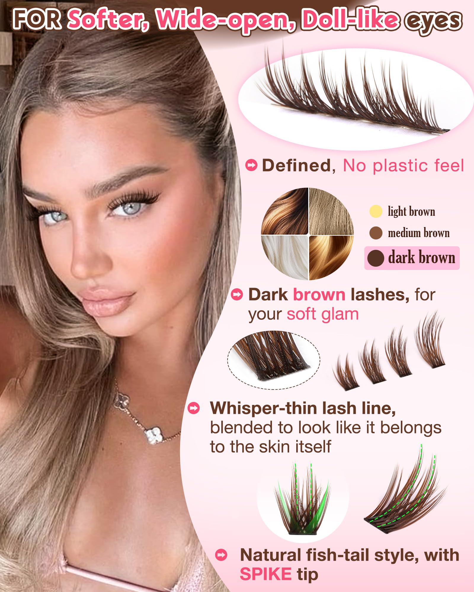 Goddvenus Brown Wispy Lash Clusters Kit – Manga Eyelashes, Natural Clusters, DIY Anime C Curl, Waterproof