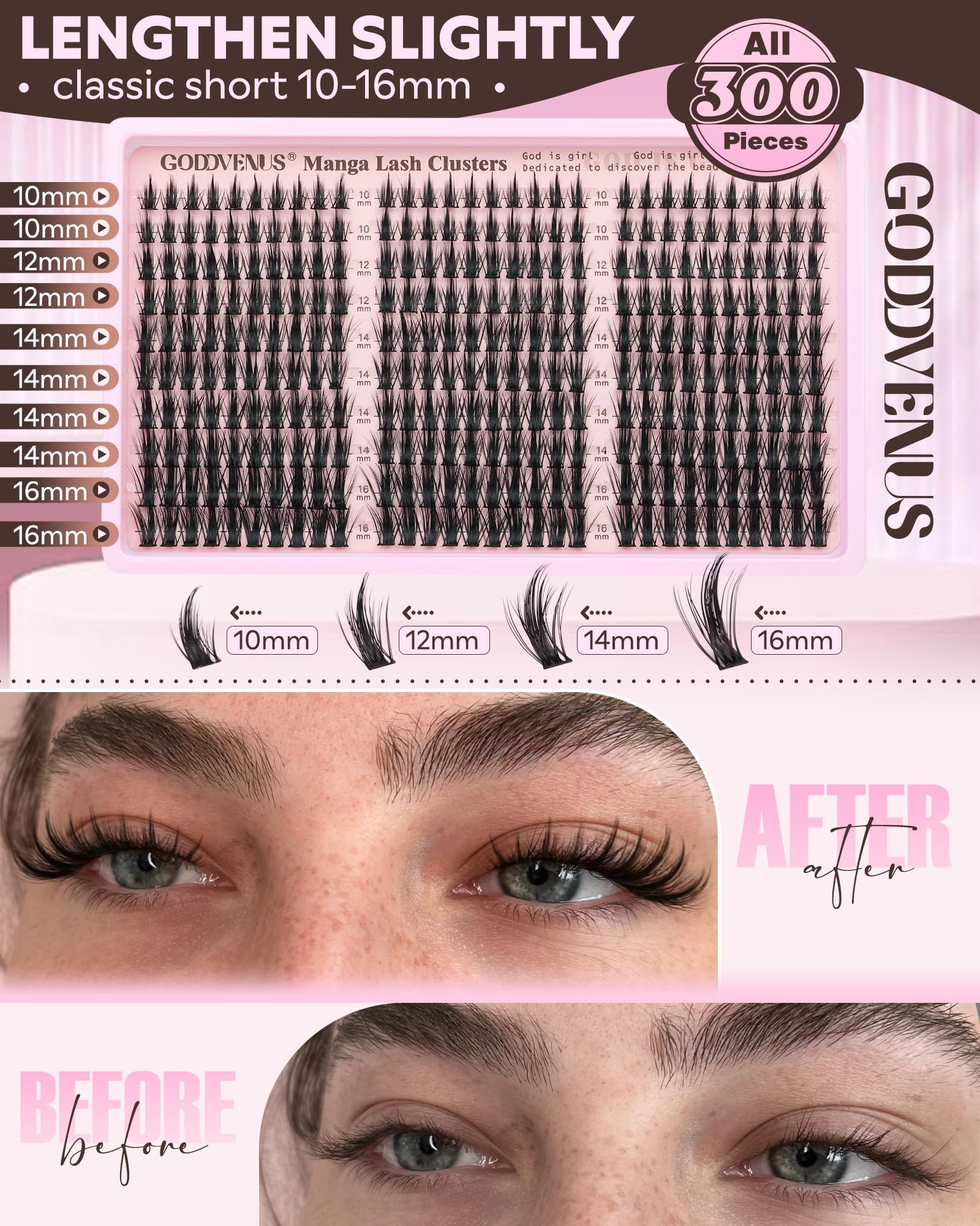 Goddvenus Manga Lash Clusters Kit – Natural 300 Pcs, Wispy Anime Lashes (10–16mm) | Cat Eye, Doll Eye, Squirrel Eye