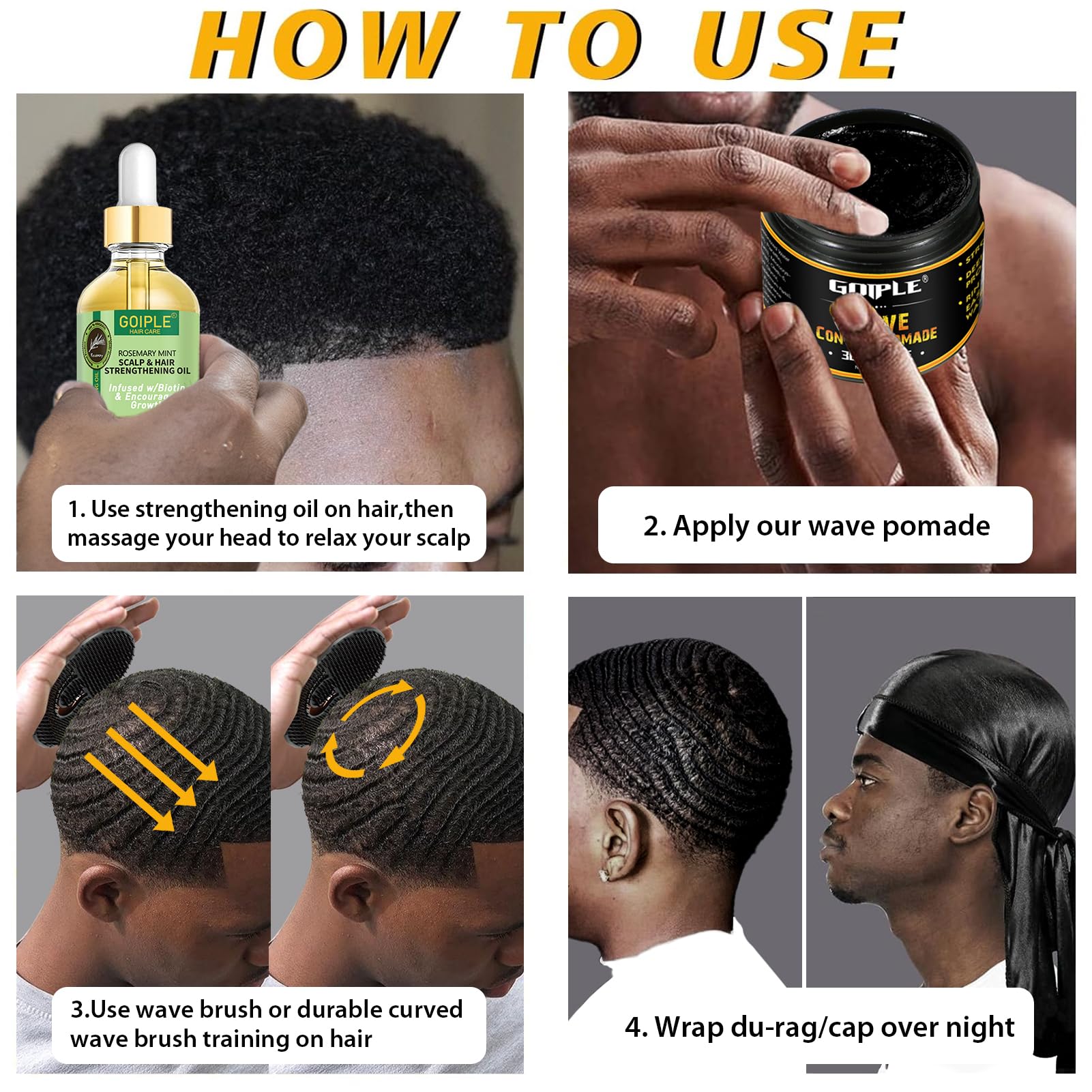 Goiple Natural Wave Pomade Set - Strong Hold, 360 Wave Training, Rosemary Oil Kit