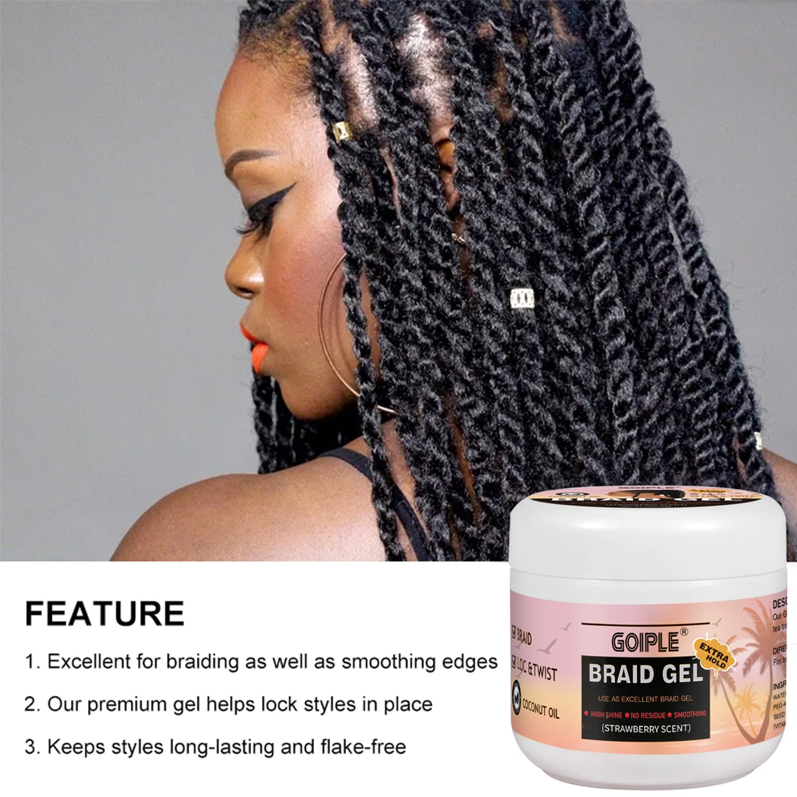 Goiple 16oz Big Capacity Braid Gel – Extra Hold, High Shine, No Flake Edge Control for Twists, Locs & Braids