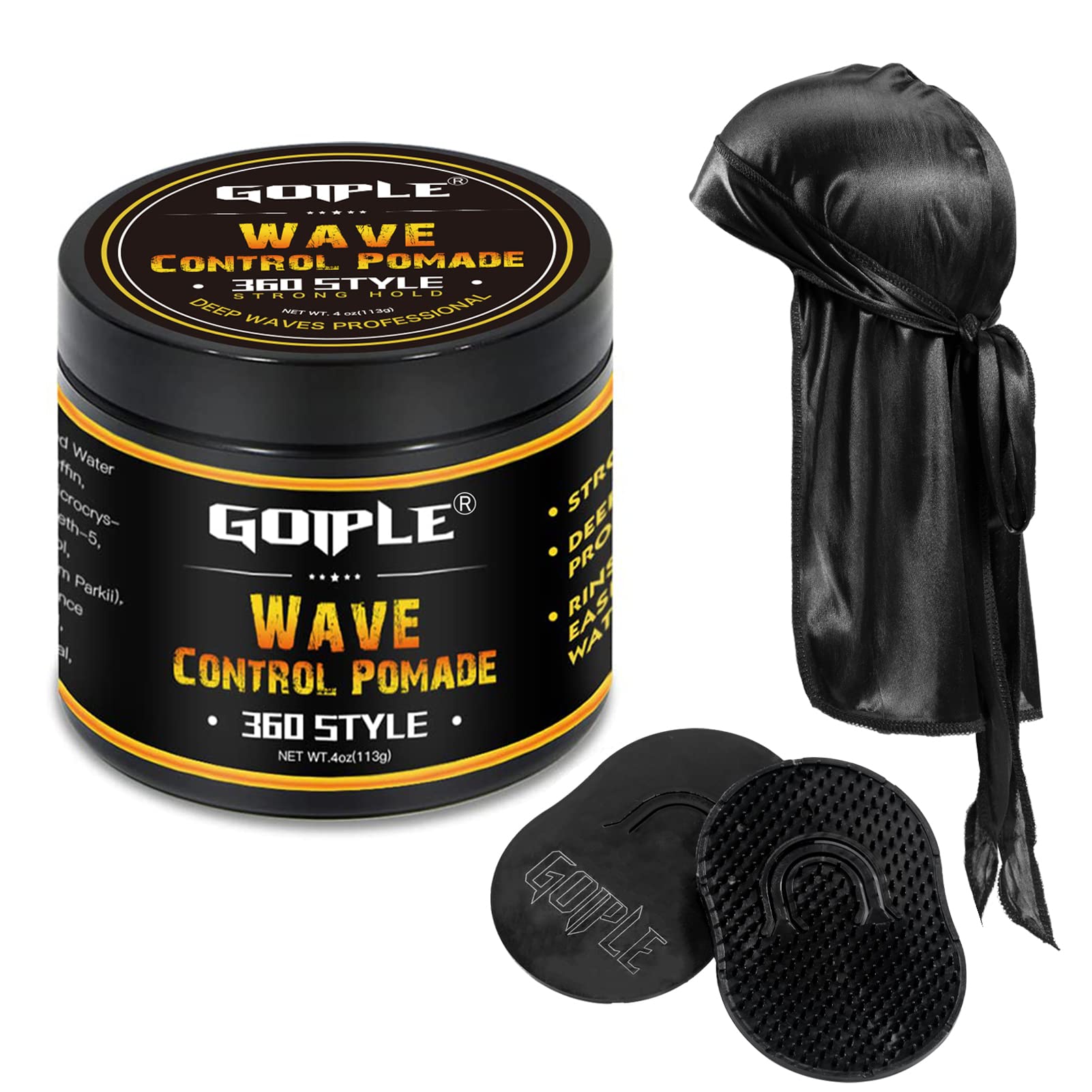 Goiple Natural Wave Pomade for Men – Strong Hold, Easy Wash Kit (Pomade + 2 Brushes + Durag)