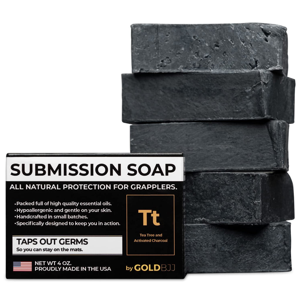 Gold BJJ Premium Tea Tree Oil Soap - USA Made Bar Soap for BJJ, Jiu Jitsu, Wrestling, and Grappling (5-Pack, 4 oz, Activated Charcoal)