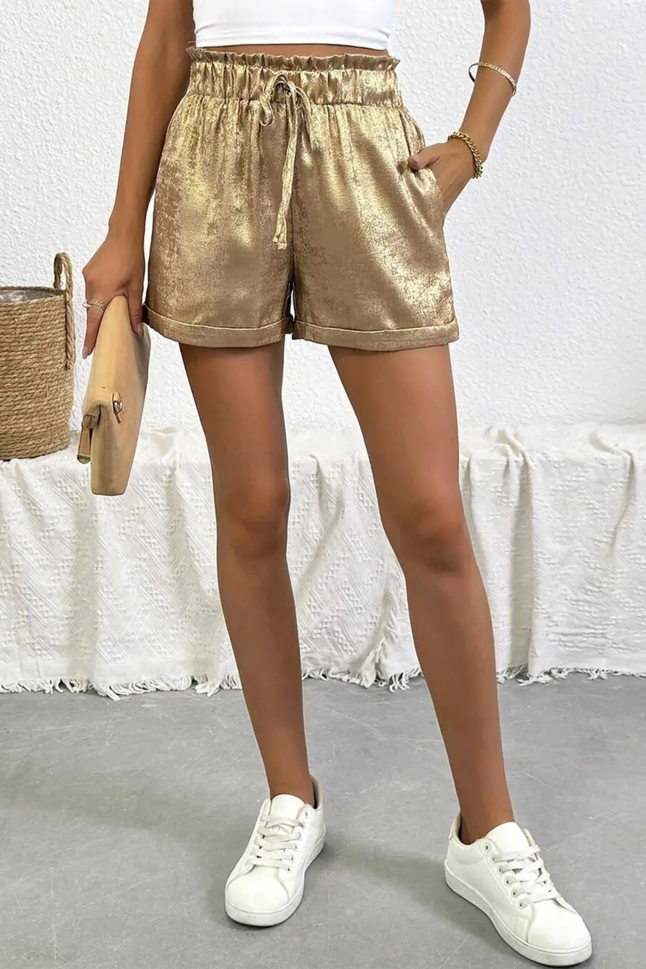 Gold Metallic Shorts Women | High Waist Drawstring Casual