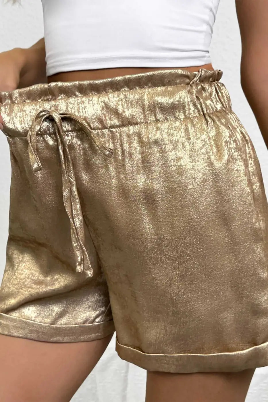 Gold Metallic Shorts Women | High Waist Drawstring Casual