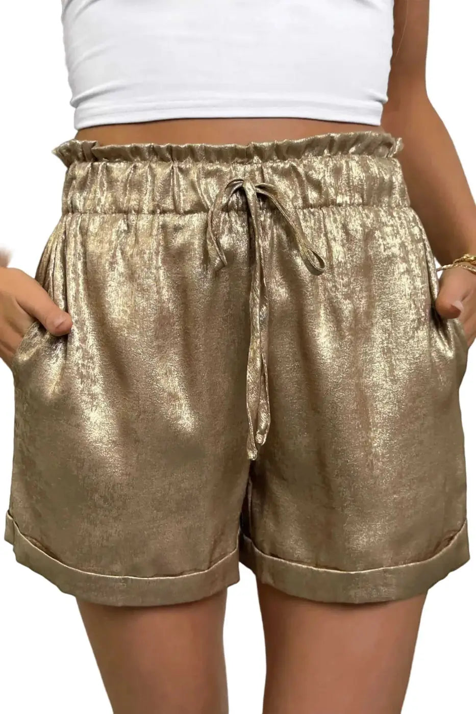 Gold Metallic Shorts Women | High Waist Drawstring Casual