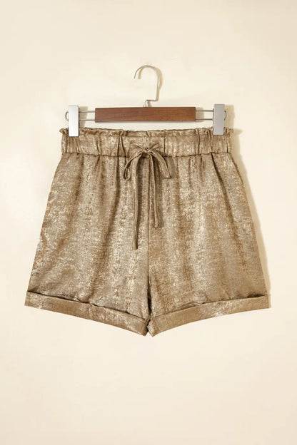 Gold Metallic Shorts Women | High Waist Drawstring Casual