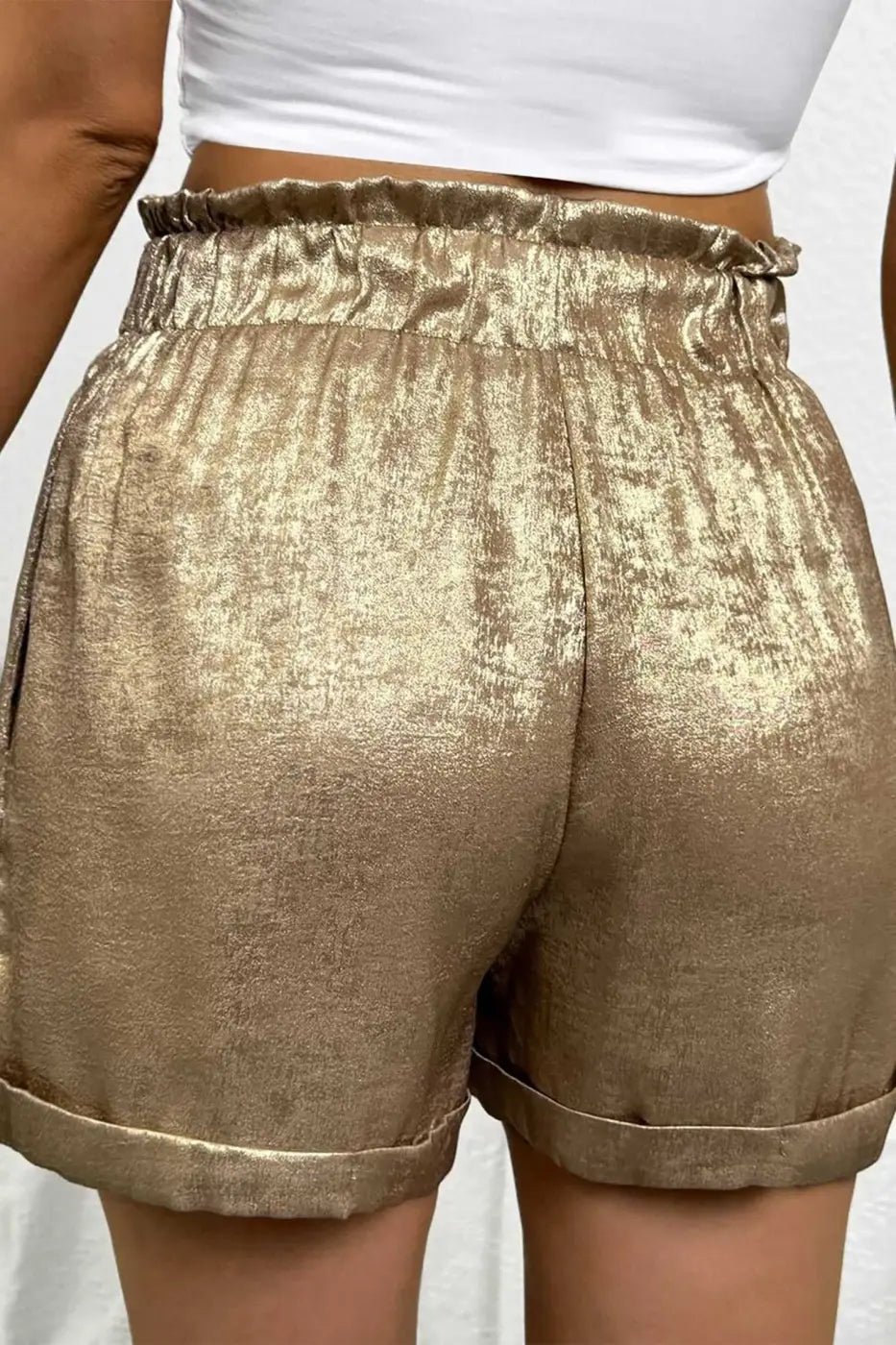 Gold Metallic Shorts Women | High Waist Drawstring Casual