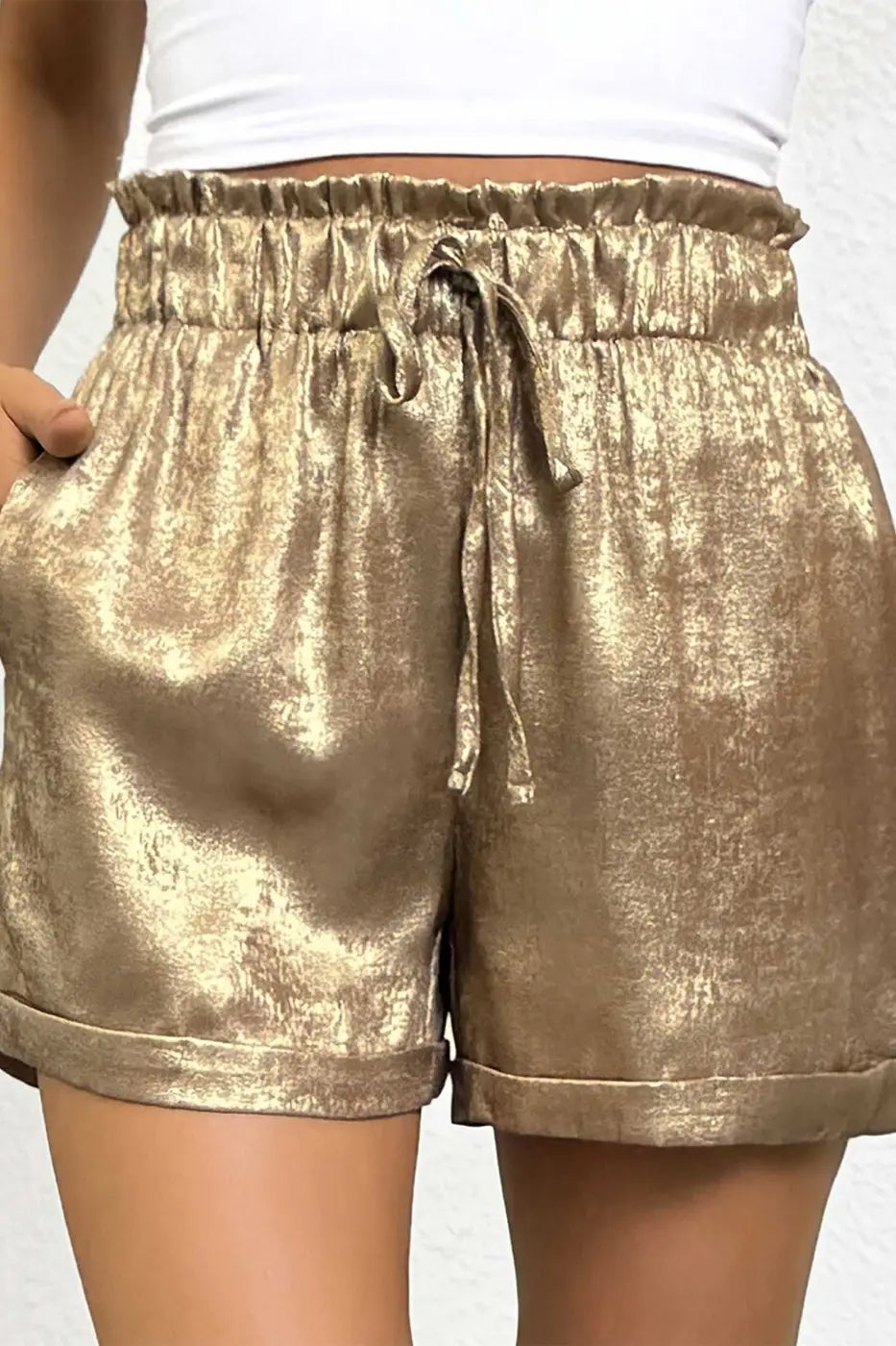 Gold Metallic Shorts Women | High Waist Drawstring Casual